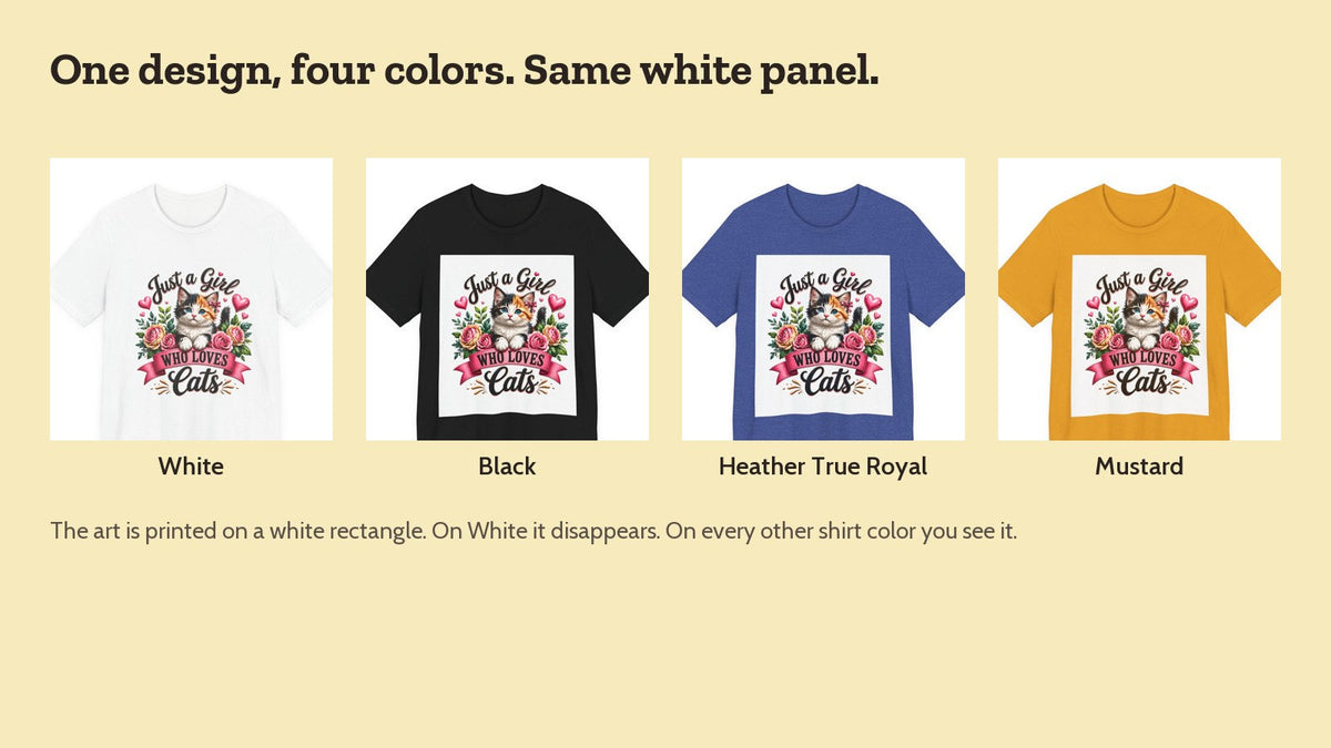 The Just a Girl Who Loves Cats tee in White, Black, Heather True Royal, and Mustard side by side, showing the white print panel