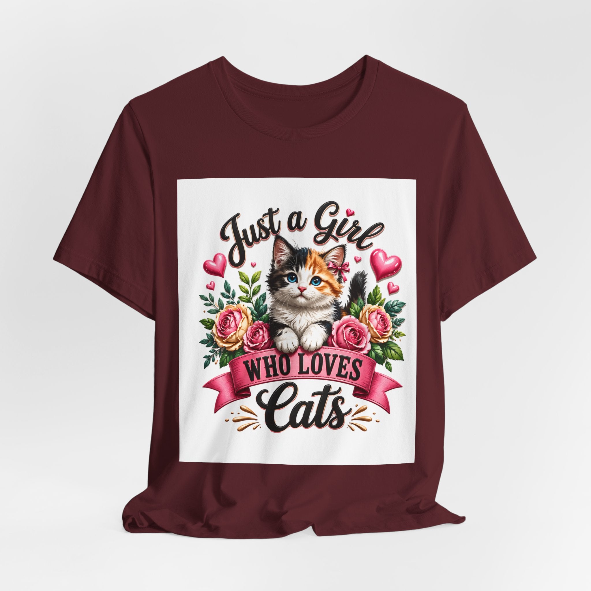 Just a Girl Who Loves Cats Tee — Cute Floral Kitten T-Shirt for Cat Lovers