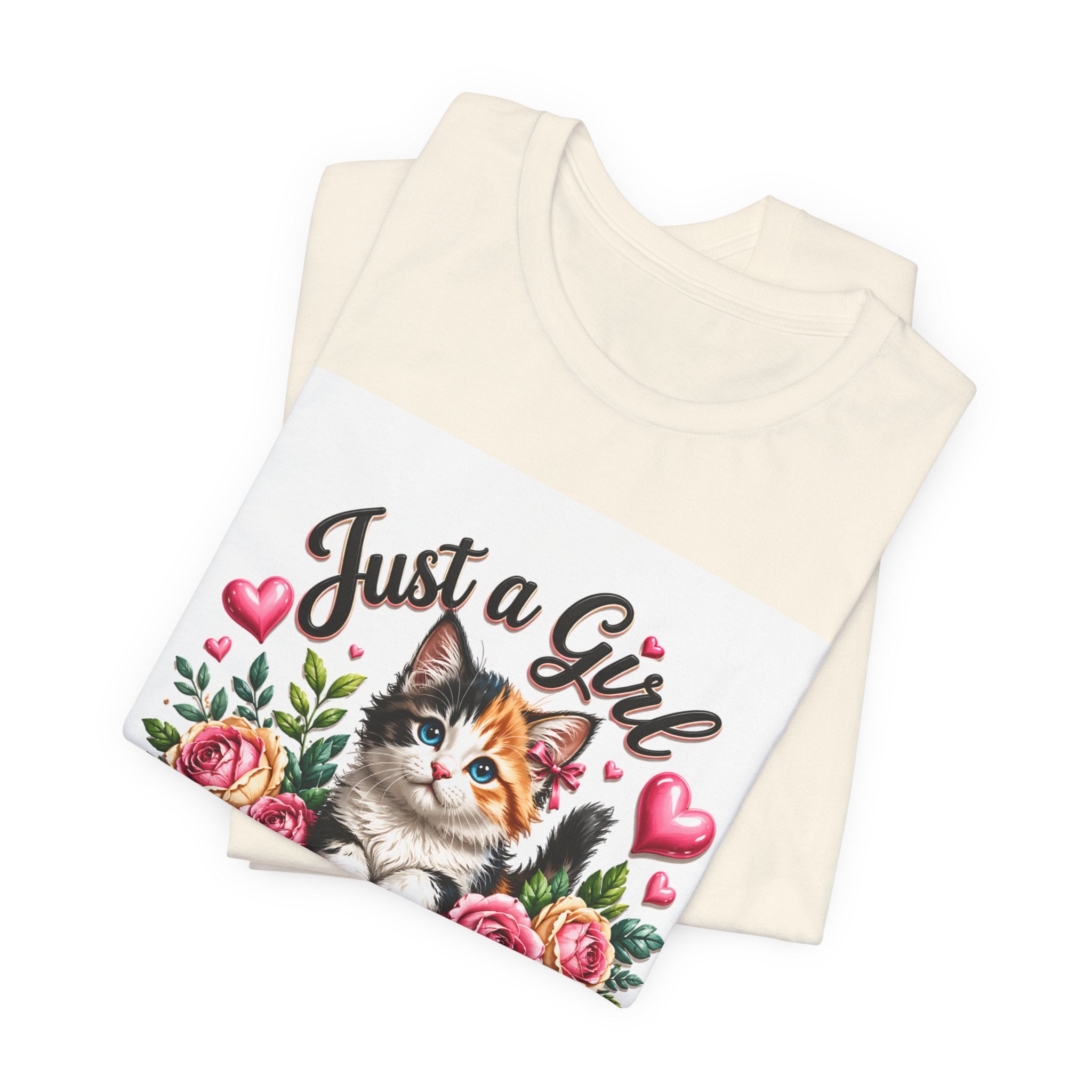 Just a Girl Who Loves Cats Tee — Cute Floral Kitten T-Shirt for Cat Lovers