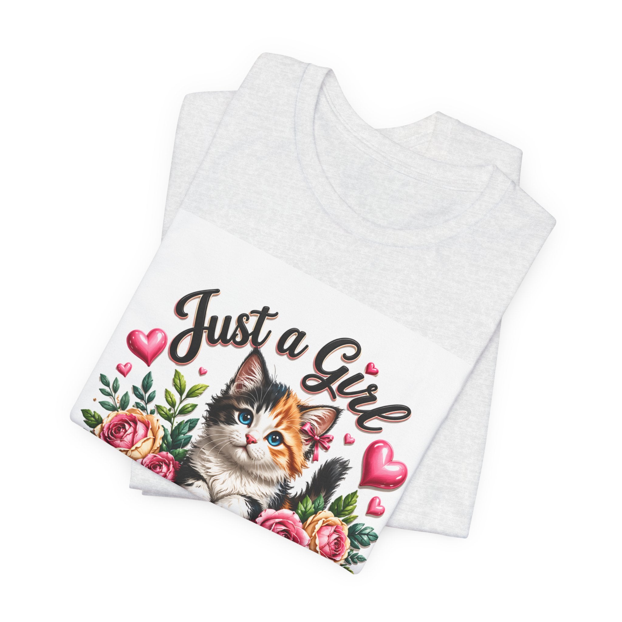 Just a Girl Who Loves Cats Tee — Cute Floral Kitten T-Shirt for Cat Lovers