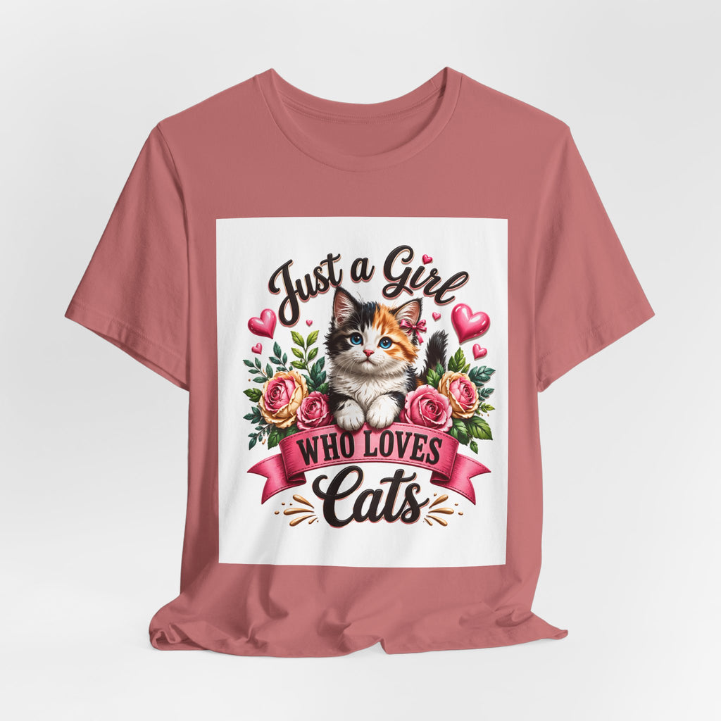 Just a Girl Who Loves Cats Tee — Cute Floral Kitten T-Shirt for Cat Lovers