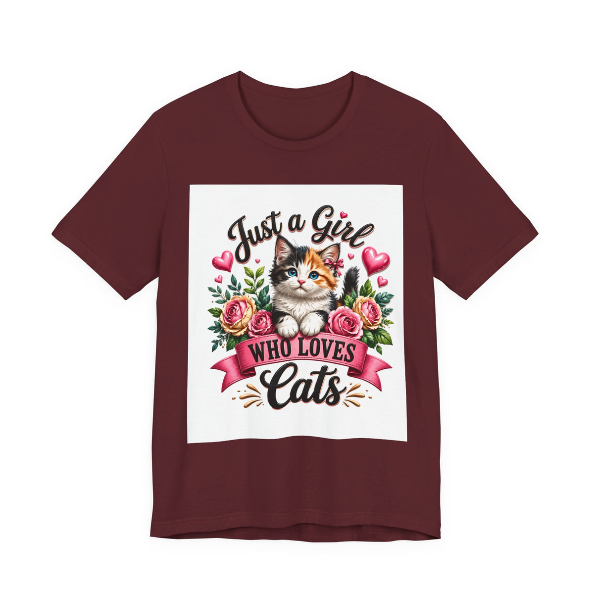 Just a Girl Who Loves Cats Tee — Cute Floral Kitten T-Shirt for Cat Lovers