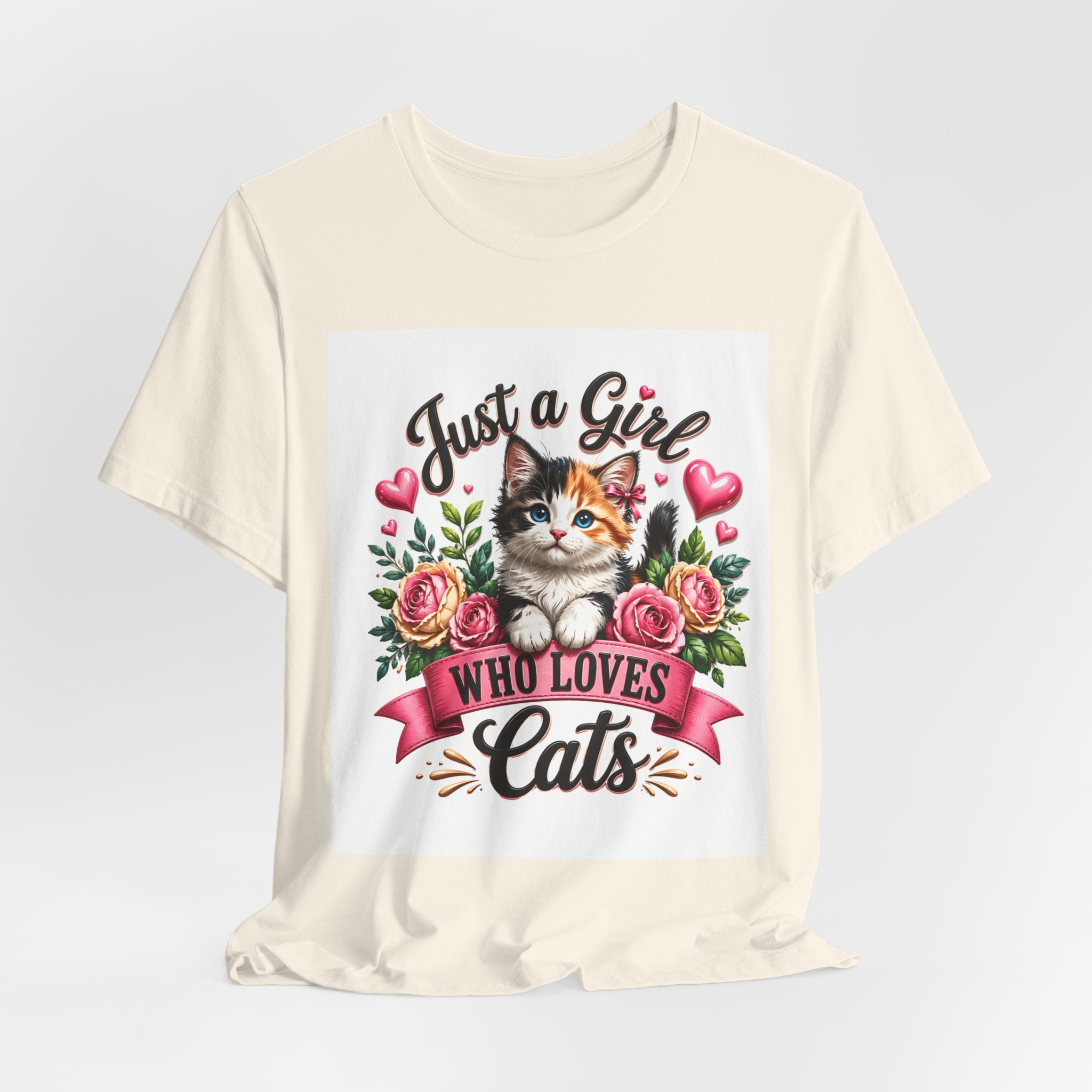 Just a Girl Who Loves Cats Tee — Cute Floral Kitten T-Shirt for Cat Lovers