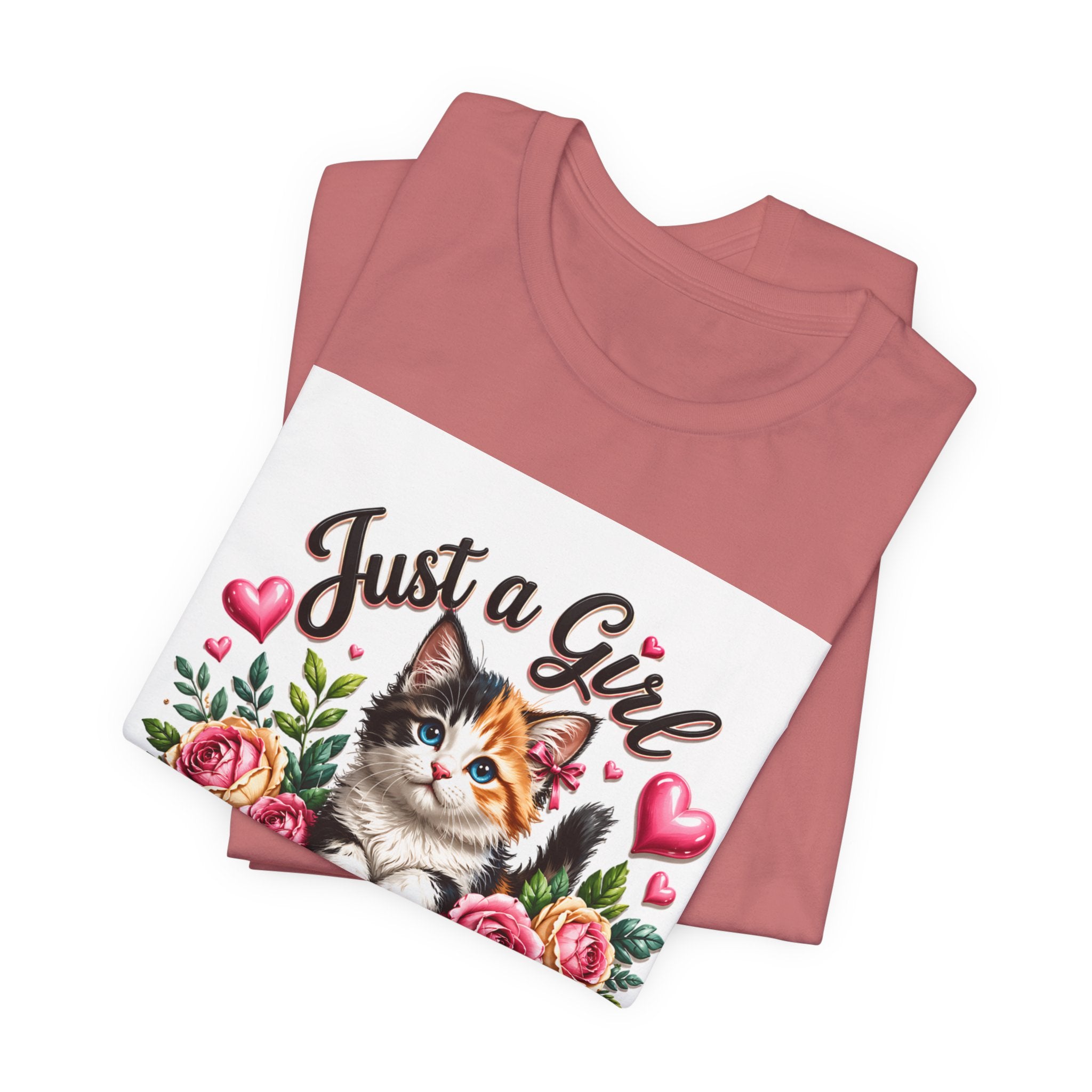 Just a Girl Who Loves Cats Tee — Cute Floral Kitten T-Shirt for Cat Lovers