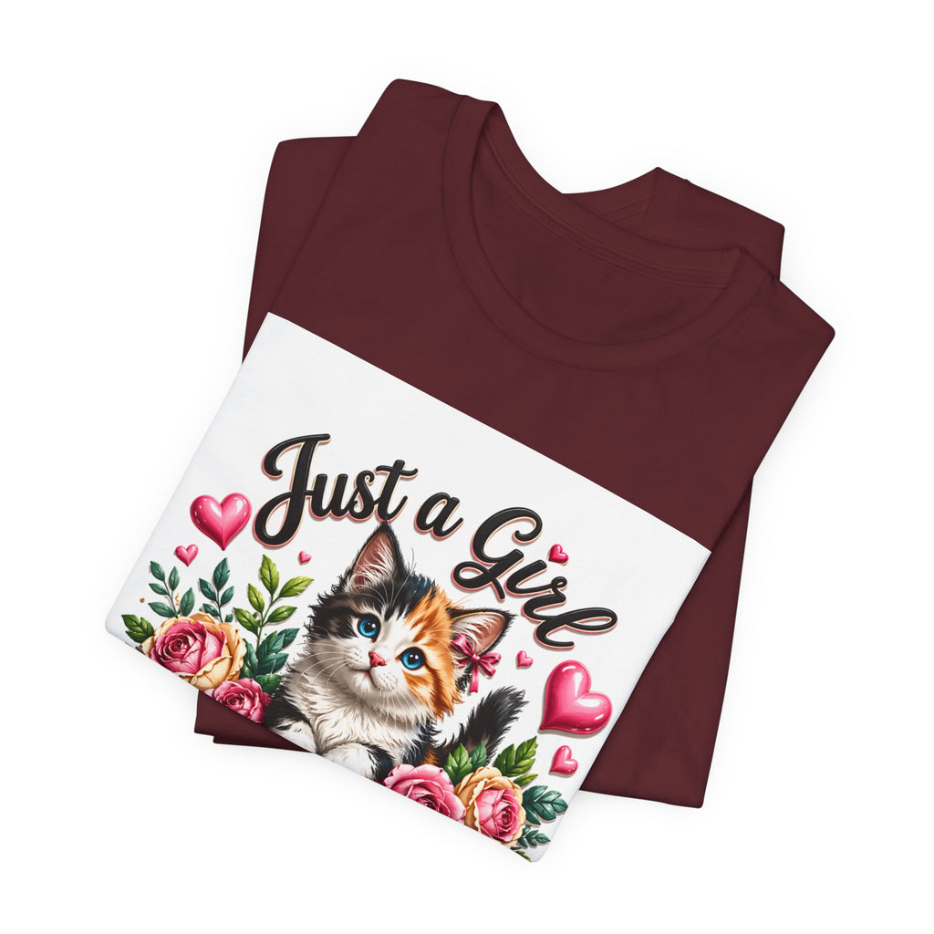 Just a Girl Who Loves Cats Tee — Cute Floral Kitten T-Shirt for Cat Lovers
