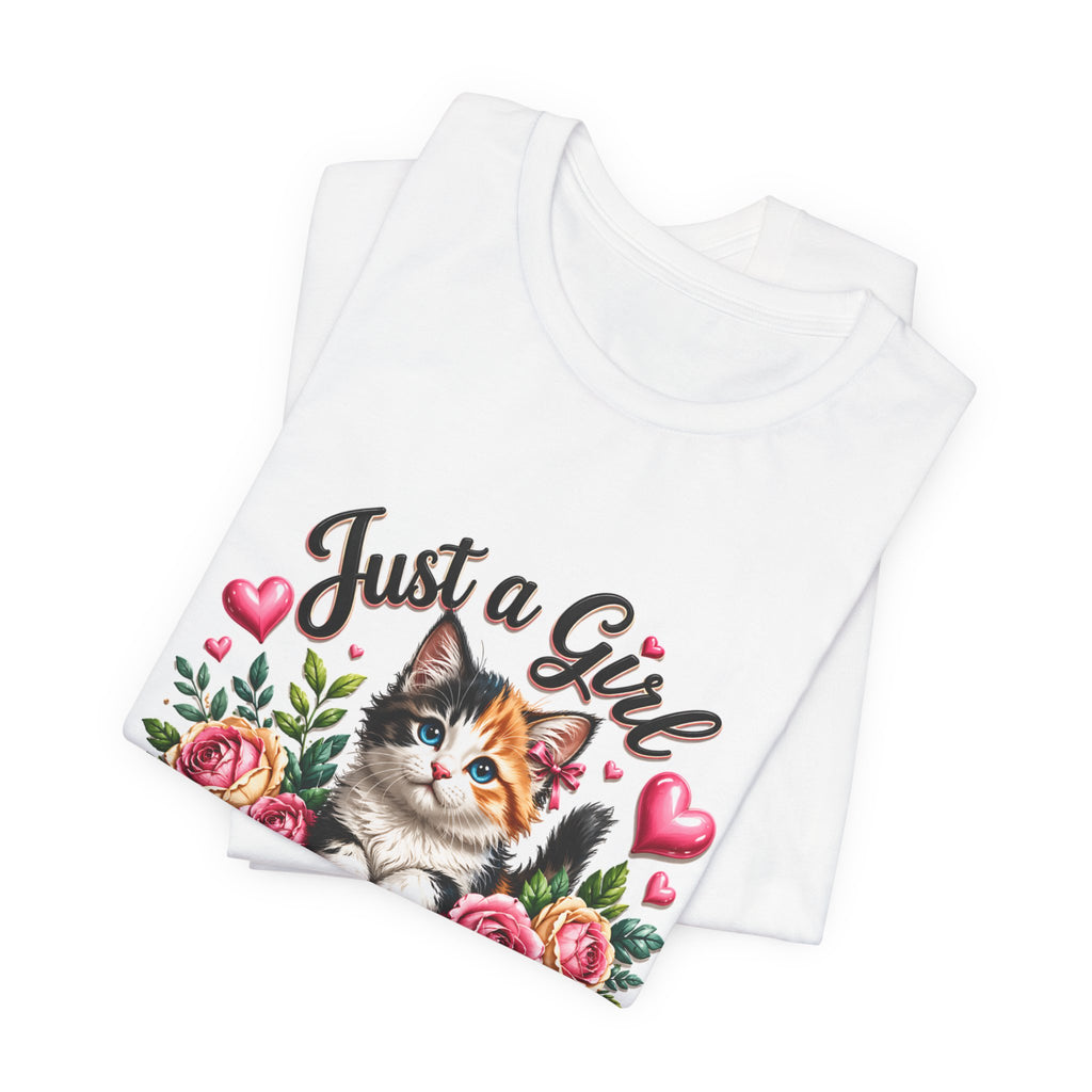 Just a Girl Who Loves Cats Tee — Cute Floral Kitten T-Shirt for Cat Lovers