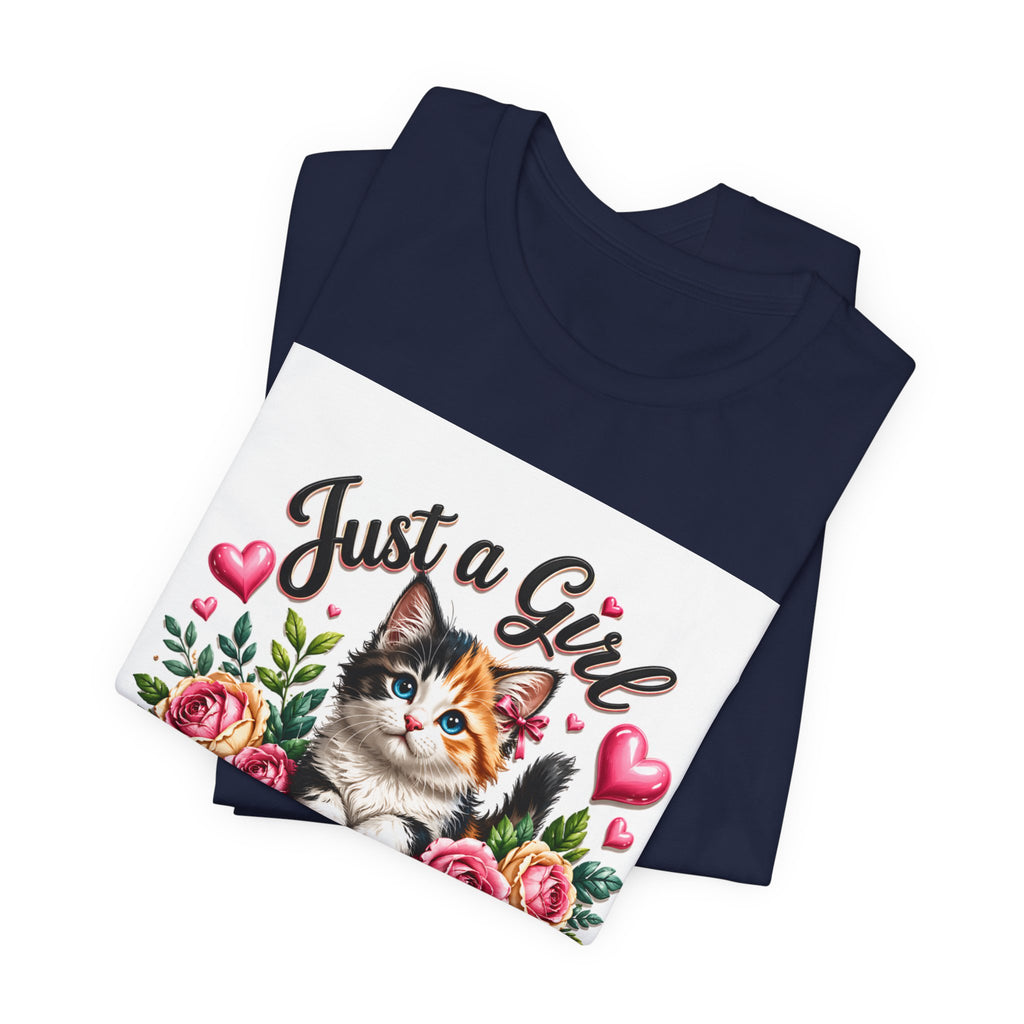 Just a Girl Who Loves Cats Tee — Cute Floral Kitten T-Shirt for Cat Lovers