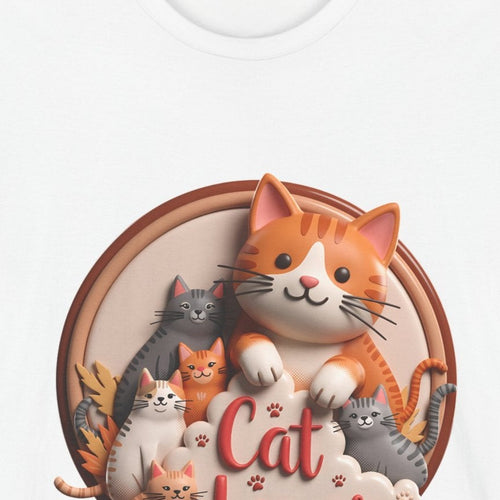 Close-up of the Cat Lover print: orange tabby and four cat friends in a round tan badge with red script, on the White tee