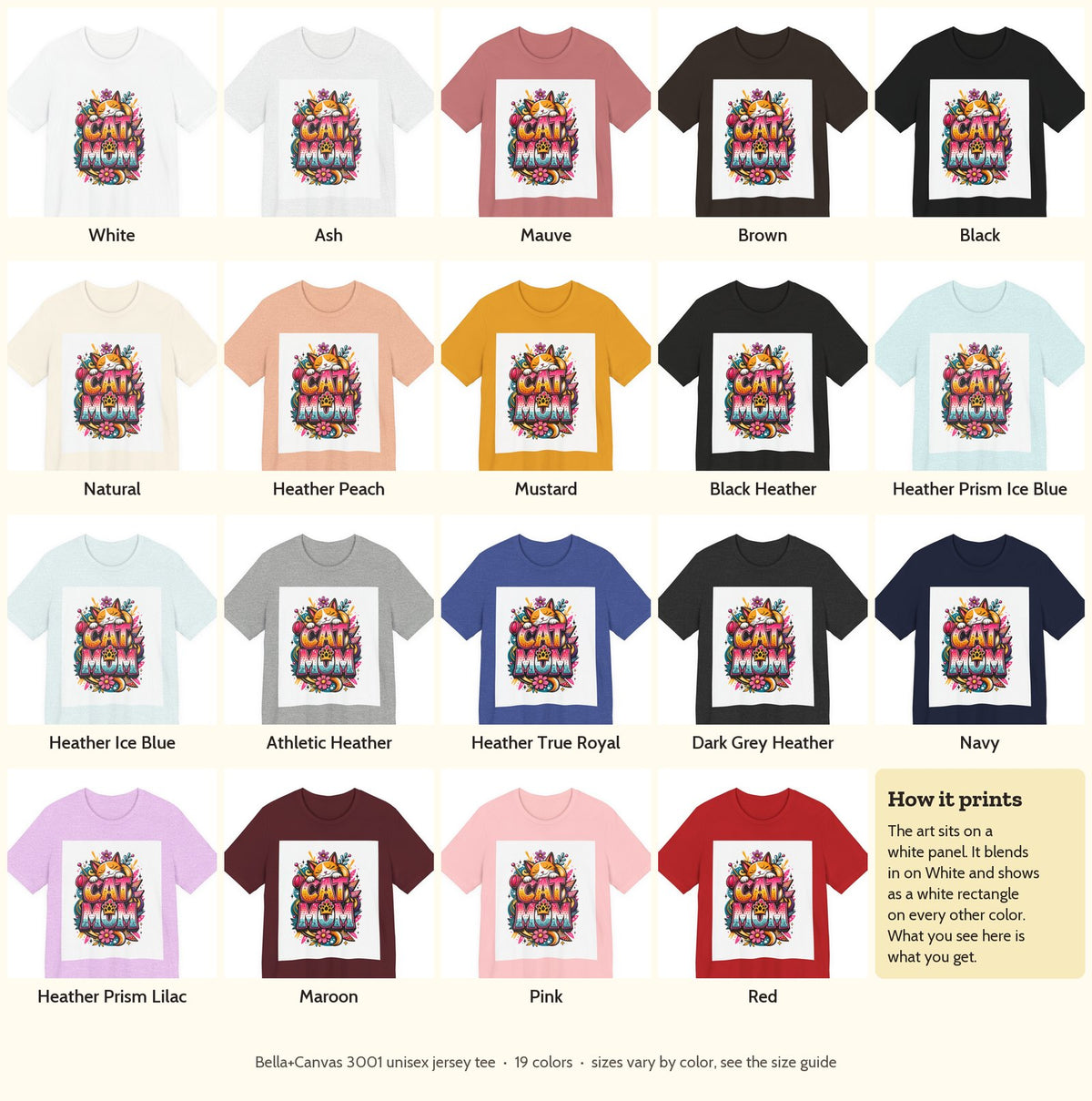 Cat Mom T-Shirt in all 19 colors side by side, with a note that the art prints on a white panel