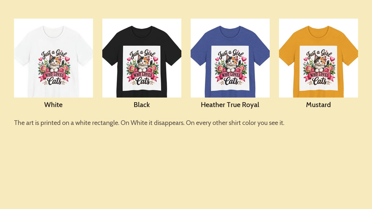 Same cat design on White, Black, Heather True Royal, and Mustard tees, white print panel visible on the three darker colors
